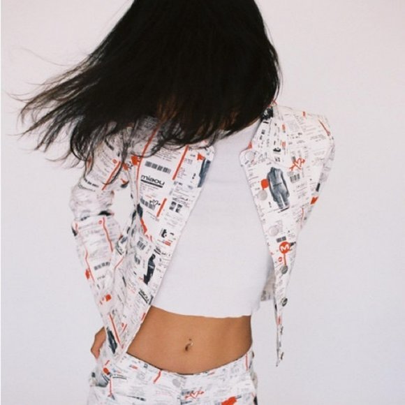 Miaou White Red Newsprint Denim cropped Jacket button front Lottery Ticket Multi - Picture 10 of 16